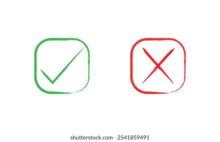 Botão de ícone de marca de seleção definido. Ícone de caixa de seleção com botões corretos e errados e ícones de marca de seleção sim ou não na caixa de marcação verde e cruz vermelha. conceito de sinal certo e errado. Símbolo de marca de seleção isolado. Eps 10.