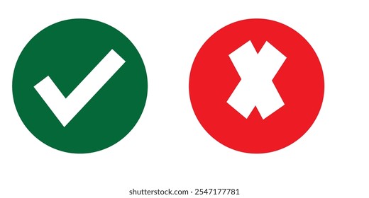 Botão de ícone de marca de seleção definido. Ícone de caixa de seleção com botões corretos e errados e ícones de marca de seleção sim ou não na caixa de marcação verde e na cruz vermelha. Símbolo de marca de seleção isolada, conceito de sinal certo e errado.