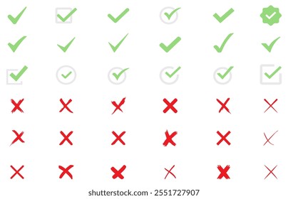 Check mark icon button set. Check box icon with right and wrong buttons and yes or no checkmark icons in green tick box and red cross. Green check mark and red cross icon set, circle and square. EPS