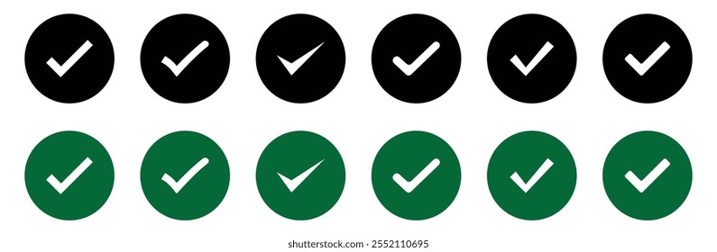 Check mark icon button set. check box icon with correct, accept checkmark icons green tick box, check list circle. Check box icon with right buttons and yes checkmark icons in green and black tick box