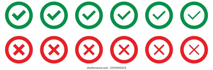 Check mark icon button set. Check box icon with right and wrong buttons. Isolated checkmark symbol, right and wrong sign concept. yes or no checkmark icons in green tick box and red cross. 