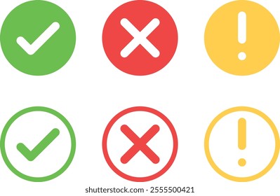 check mark icon button set. check box icon with right and wrong buttons and yes or no checkmark icons in green tick box and red cross. exclamation mark information icon