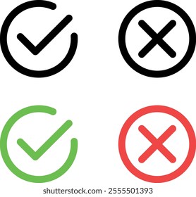 check mark icon button set. check box icon with right and wrong buttons and yes or no checkmark icons in green tick box and red cross. vector illustration