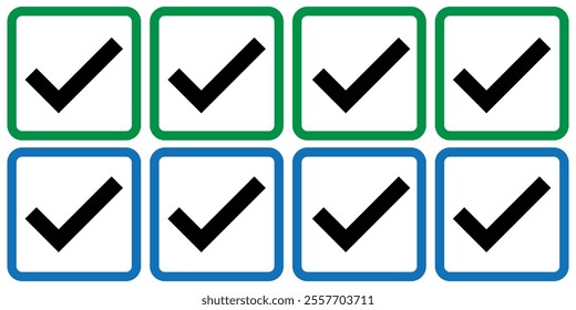 Check mark icon button set. Check box icon with right buttons. Checked check box sign. Approved symbol. Social media account verification icons. Profile verified badge. Vector illustrator.