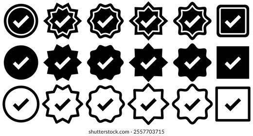 Check mark icon button set. Check box icon with right buttons. Checked check box sign. Approved symbol. Social media account verification icons. Profile verified badge. Vector illustrator.