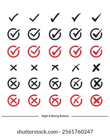 Check mark icon button set. Check box icon with right and wrong buttons and yes or no checkmark icons in green tick box and red cross. Isolated checkmark symbol, right and wrong sign concept.