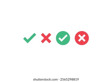 Check mark icon button set. Check box icon with right and wrong buttons and yes or no checkmark icons in green tick box and red cross. Isolated checkmark symbol, right and wrong sign concept.