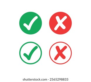 Check mark icon button set. Check box icon with right and wrong buttons and yes or no checkmark icons in green tick box and red cross. Isolated checkmark symbol, right and wrong sign concept.