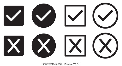 Check mark icon button set. Check box icon with right and wrong buttons and yes or no checkmark icons. Isolated checkmark symbol, right and wrong sign concept.