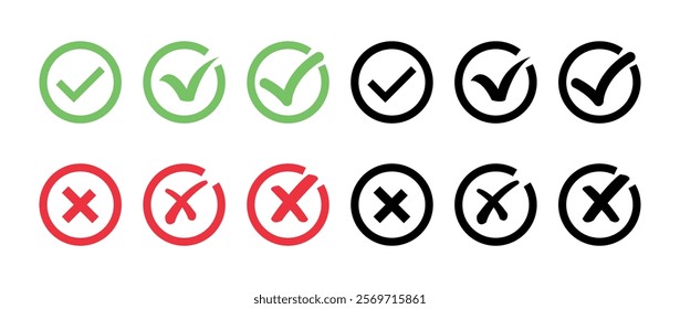 Check mark icon button set. Check box icon with right and wrong buttons and yes or no checkmark icons in green tick box and red cross. Isolated checkmark symbol, right and wrong sign concept.