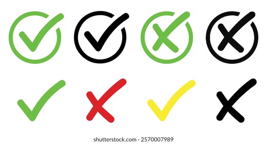 Check mark icon button set. Check box icon with right and wrong buttons and yes or no checkmark icons in green tick box and red cross. Isolated checkmark symbol, right and wrong sign concept.