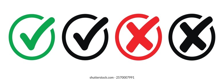 Check mark icon button set. Check box icon with right and wrong buttons and yes or no checkmark icons in green tick box and red cross. Isolated checkmark symbol, right and wrong sign concept.