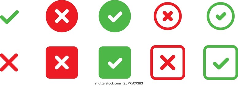 check mark icon button set. check box icon with right and wrong buttons and yes or no checkmark icons in green tick box and red cross. vector illustration
