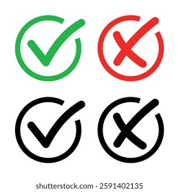 Check mark icon button set. Transparent background. Check box icon with right and wrong buttons and yes or no checkmark icons in green tick box and red cross. Vector illustration
