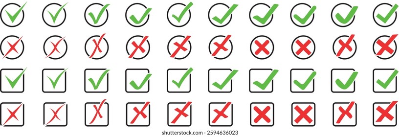 Check mark icon button set. Check box icon with right and wrong buttons and yes or no checkmark icons in green tick box and red, black cross. Isolated checkmark symbol, right and wrong sign concept.