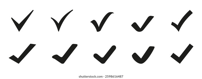 Check mark icon button set. Check box icon with right and yes checkmark icons in black tick box. Isolated checkmark symbol, right sign concept.