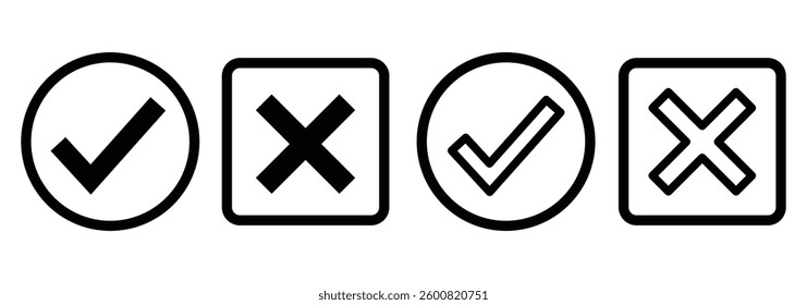 Check mark icon button set. Check box icon with right and wrong buttons and yes or no checkmark icons with tick box and  cross. vector illustration eps 888.