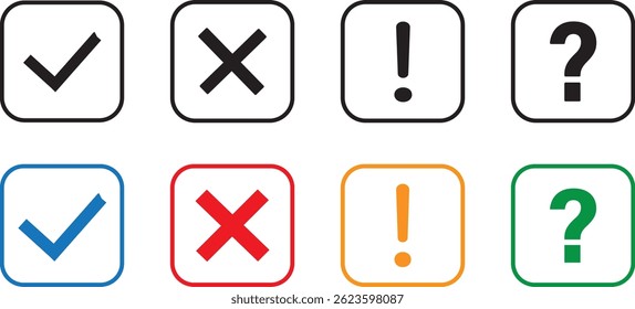 check mark icon or button set. cross mark, and wrong buttons and yes or no checkmark icons. checklist signs, approval badge vactor symbol background

