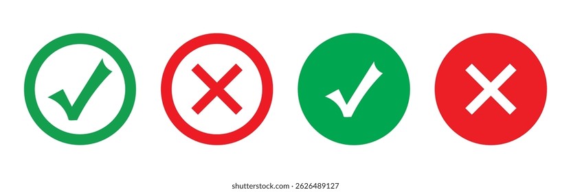 Check mark icon button set. Check mark icon with right and wrong buttons and yes or no checkmark icons in green tick box and red cross.