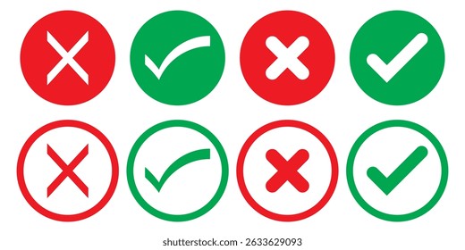 Check mark icon button set. Check box icon with right and wrong buttons and yes or no checkmark icons in green tick box and red cross. Isolated checkmark symbol, right and wrong sign concept.