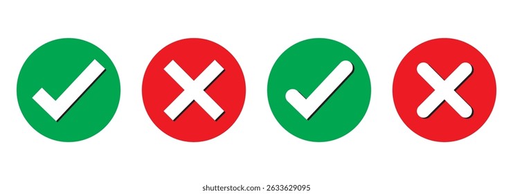 Check mark icon button set. Check box icon with right and wrong buttons and yes or no checkmark icons in green tick box and red cross. Isolated checkmark symbol, right and wrong sign concept.