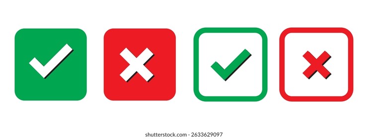 Check mark icon button set. Check box icon with right and wrong buttons and yes or no checkmark icons in green tick box and red cross. Isolated checkmark symbol, right and wrong sign concept.