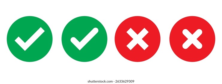 Check mark icon button set. Check box icon with right and wrong buttons and yes or no checkmark icons in green tick box and red cross. Isolated checkmark symbol, right and wrong sign concept.
