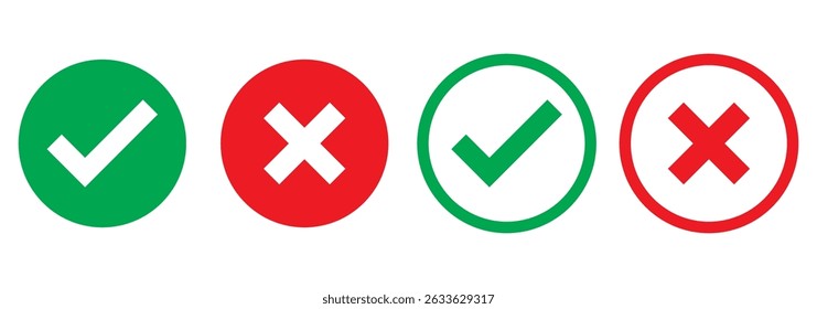 Check mark icon button set. Check box icon with right and wrong buttons and yes or no checkmark icons in green tick box and red cross. Isolated checkmark symbol, right and wrong sign concept.
