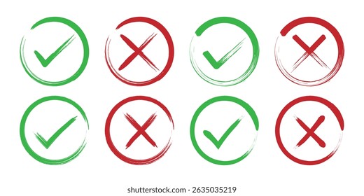 Check mark icon button set featuring checkboxes with right and wrong selections. Brush painted grunge vector graphic collection of yes or no checkmark symbols in green tick boxes and red crosses. 