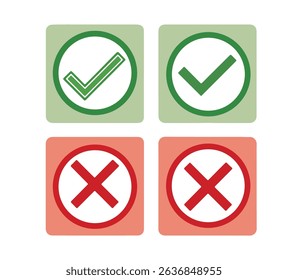 Check mark icon button set. Check box icon with right and wrong buttons and yes or no checkmark icons in green tick box and red cross.