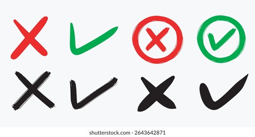 Check mark icon button set. checkmark icons in green tick and red cross. Isolated checkmark symbol, right and wrong sign concept.