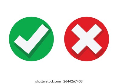 Botão de ícone de marca de seleção definido. Ícone de caixa de seleção com botões corretos e errados e ícones de marca de seleção sim ou não na caixa de marcação verde e na cruz vermelha. Símbolo de marca de seleção isolada, conceito de sinal certo e errado