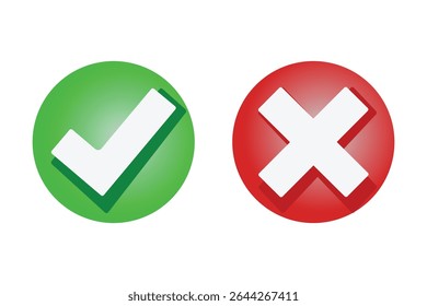 Check mark icon button set. Check box icon with right and wrong buttons and yes or no checkmark icons in green tick box and red cross. Isolated checkmark symbol, right and wrong sign concept