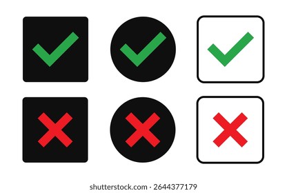 Check mark icon button set. Check box icon with right and wrong buttons and yes or no checkmark icons in green tick box and red cross. Isolated checkmark symbol, right and wrong sign concept