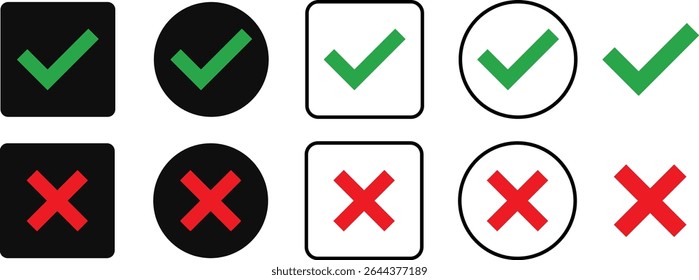 Botão de ícone de marca de seleção definido. Ícone de caixa de seleção com botões corretos e errados e ícones de marca de seleção sim ou não na caixa de marcação verde e na cruz vermelha. Símbolo de marca de seleção isolada, conceito de sinal certo e errado