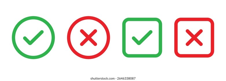 check mark icon button set. check box icon with right and wrong buttons and yes or no checkmark icons. green tick box and red cross.