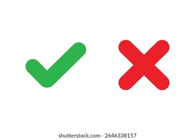 check mark icon button set. check box icon with right and wrong buttons and yes or no checkmark icons. green tick box and red cross.