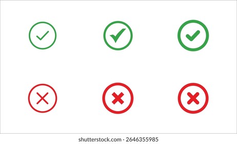 Check mark icon button set. Green check and red cross-circle icon set. vector symbols for yes, no, approval, rejection, correct, incorrect vector illustration	