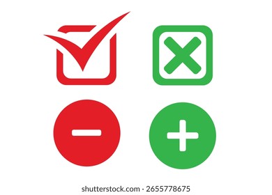 Marca de verificación Icono de marca de verificación Conjunto de Botones Icono de casilla de verificación con los Botones correctos e incorrectos e íconos de marca de verificación sí o no en la casilla de verificación verde y la cruz roja.

