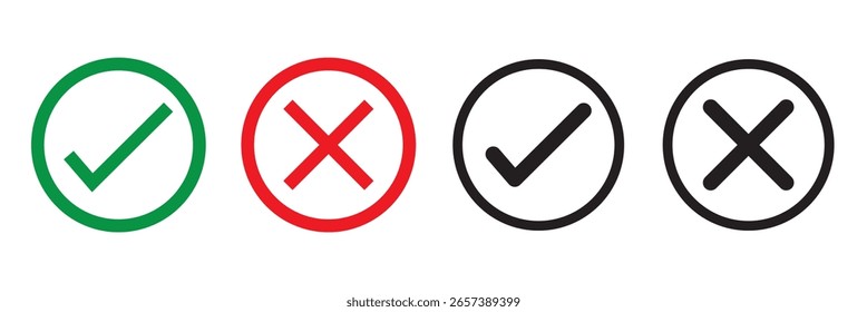 Check mark icon button set. Check box icon with right and wrong buttons and yes or no checkmark icons in green tick box and black cross. Isolated checkmark symbol, right and wrong sign concept.