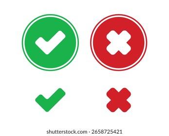 Check mark icon button set. Check box icon with right and wrong buttons and yes or no checkmark icons in green tick box and red cross. Isolated checkmark symbol, right and wrong sign concept