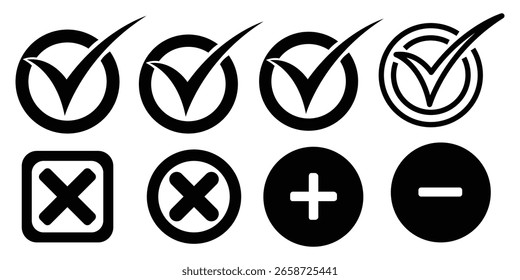 Check mark icon button set. Check box icon with right and wrong buttons and yes or no checkmark icons in green tick box and red cross. Isolated checkmark symbol, right and wrong sign concept