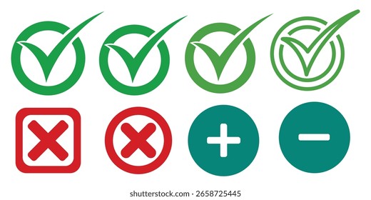 Check mark icon button set. Check box icon with right and wrong buttons and yes or no checkmark icons in green tick box and red cross. Isolated checkmark symbol, right and wrong sign concept