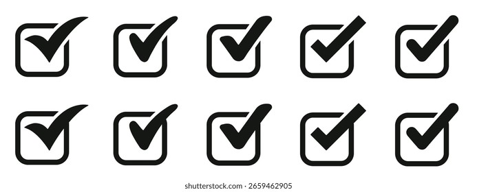 Check mark icon button set. Check box icon with right and wrong buttons and yes or no checkmark icons in green tick box and red cross. Isolated checkmark symbol, right and wrong sign concept