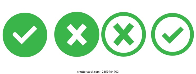 check mark icon button set. check box icon with right and wrong buttons and yes or no checkmark icons in green tick box and red cross. vector illustration