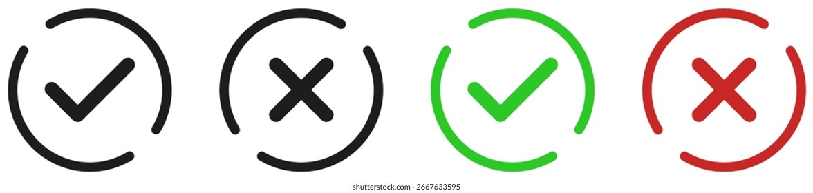 ícone de marca de seleção botão definido. ícone de caixa de seleção com botões corretos e errados e ícones de marca de seleção sim ou não na caixa de seleção verde e cruz vermelha. ilustração de vetor
