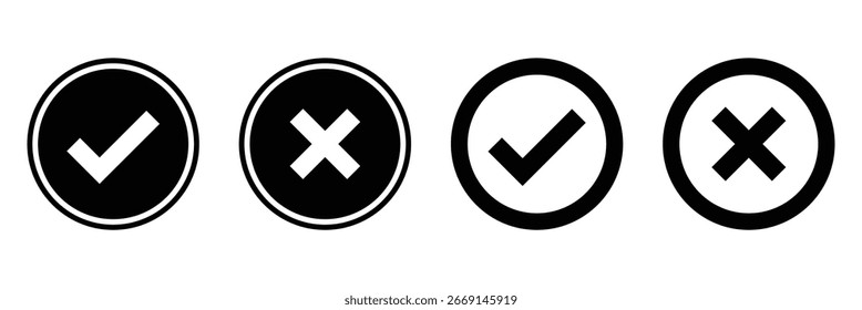 Botão de ícone de marca de seleção definido. Ícone de caixa de seleção com botões certos e errados e ícones de marca de seleção sim ou não na caixa de verificação e na marca de seleção