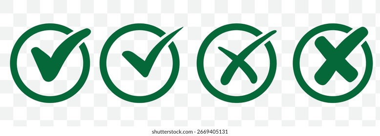 Botão de ícone de marca de seleção definido. Ícone de caixa de seleção com botões corretos e errados e ícones de marca de seleção sim ou não na caixa de marcação verde e na cruz vermelha. Símbolo de marca de seleção isolada, conceito de sinal certo e errado. Ícone.
