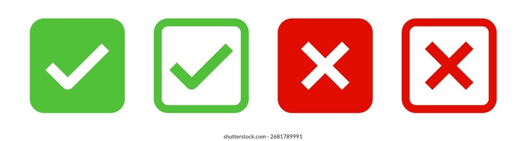 ícone de marca de seleção botão definido. ícone de caixa de seleção com botões corretos e errados e ícones de marca de seleção sim ou não na caixa de seleção verde e cruz vermelha. ilustração de vetor