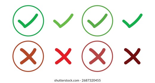 Botão de ícone de marca de seleção definido. Ícone de caixa de seleção com botões corretos e errados e ícones de marca de seleção sim ou não na caixa de marcação verde e na cruz vermelha. Símbolo de marca de seleção isolada, conceito de sinal certo e errado